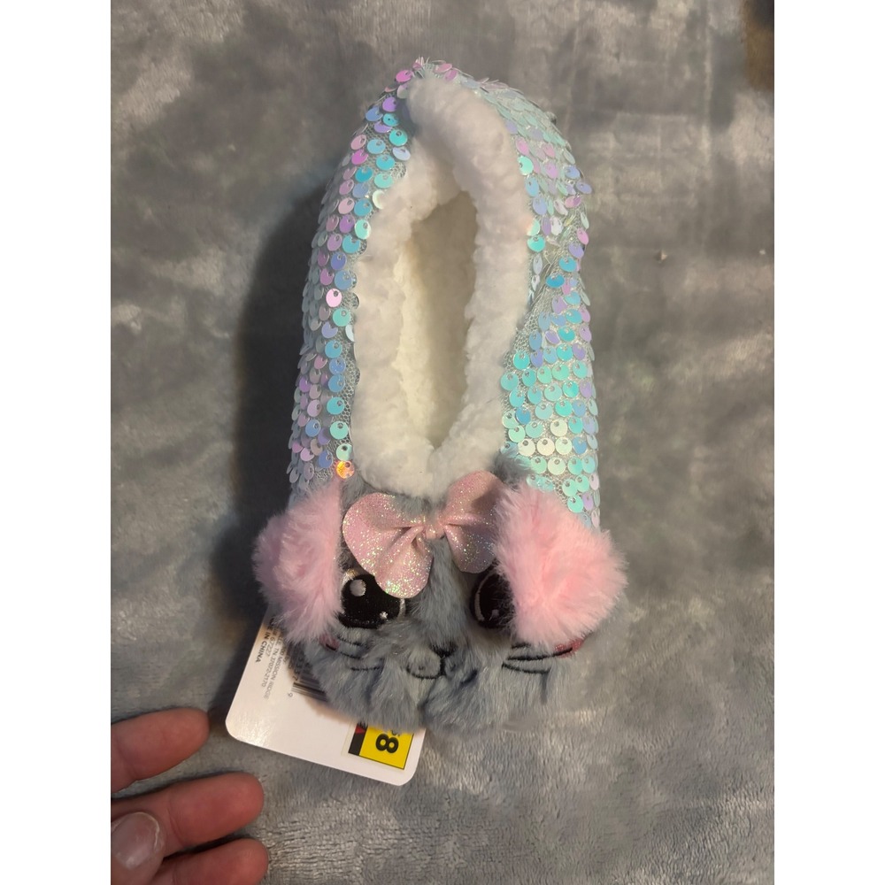 Girls Sequin Cat Slipper Socks Iridescent Grey Pink Faux Fur Size 10-11 NWT